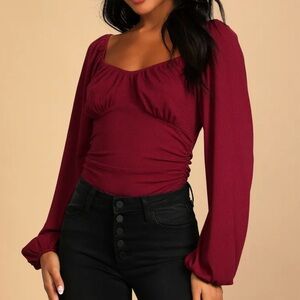 Wine Red Ribbed & Ruched Long Sleeve Top | Lulus